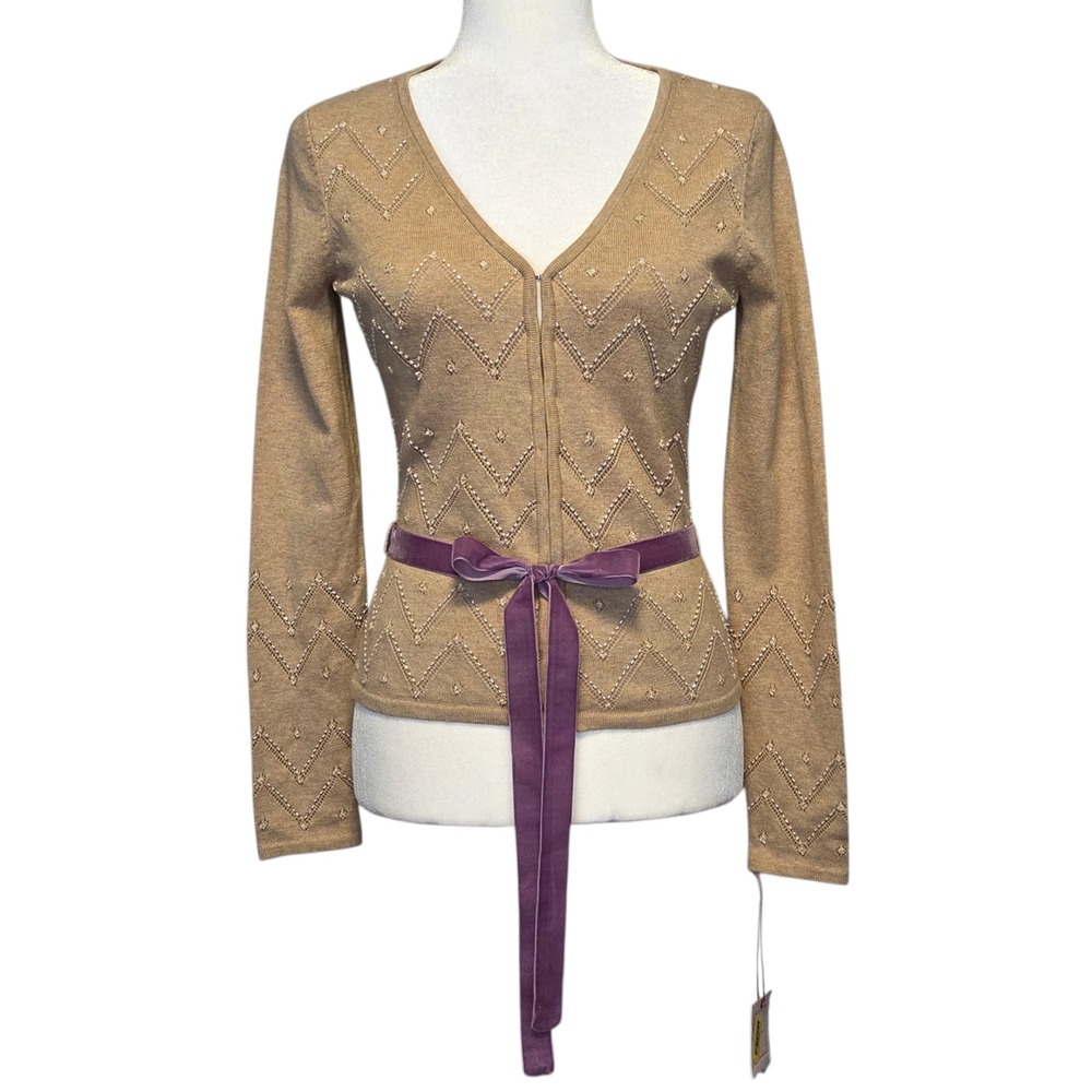 Intuitions‎ Womens Cardigan Tan  Beaded Y2K Feminine Dainty Coquette XS Sweater